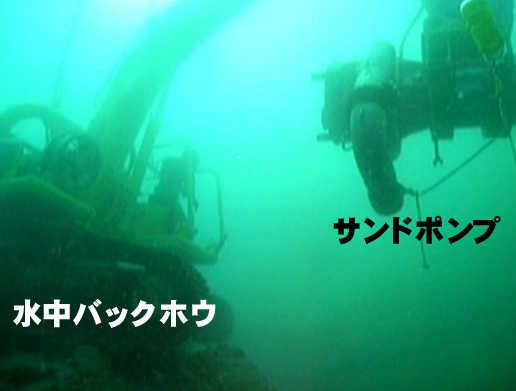 水中バックホウの基礎工事　岩盤清掃