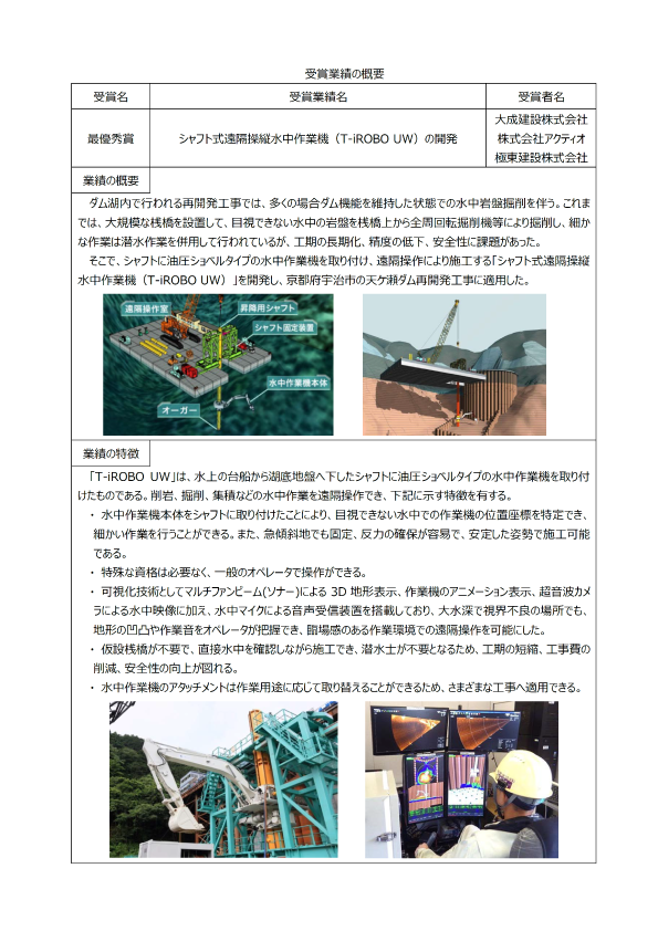 シャフト式遠隔操縦水中作業機（T-iROBO UW）の開発　最優秀賞　受賞